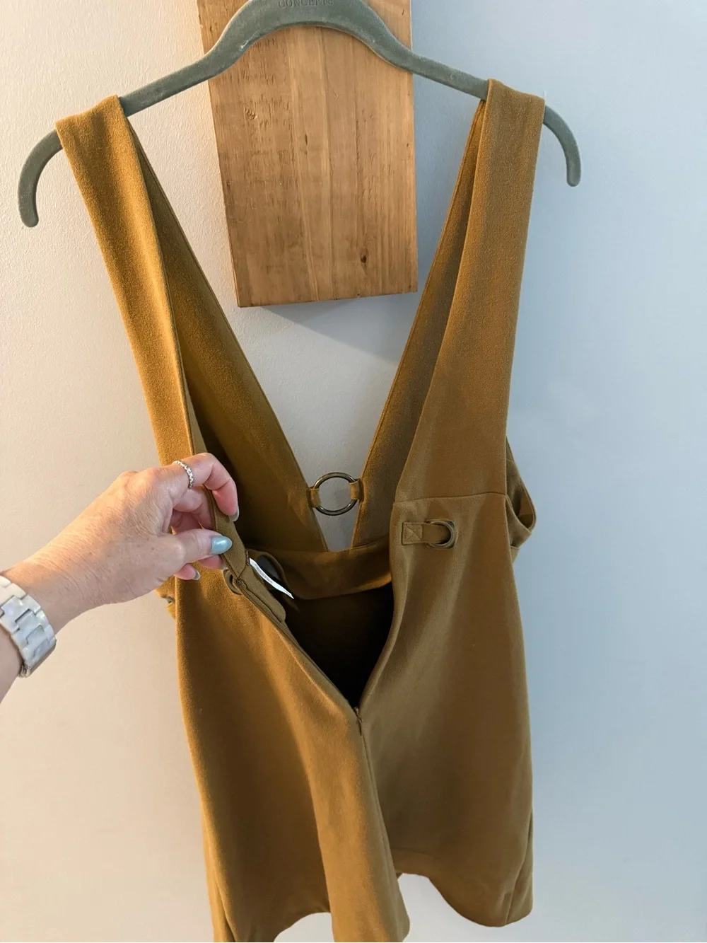 FREE PEOPLE Mustard-Brown Suede Feel Deep-V Dress w Grommets & Tie Waist, S